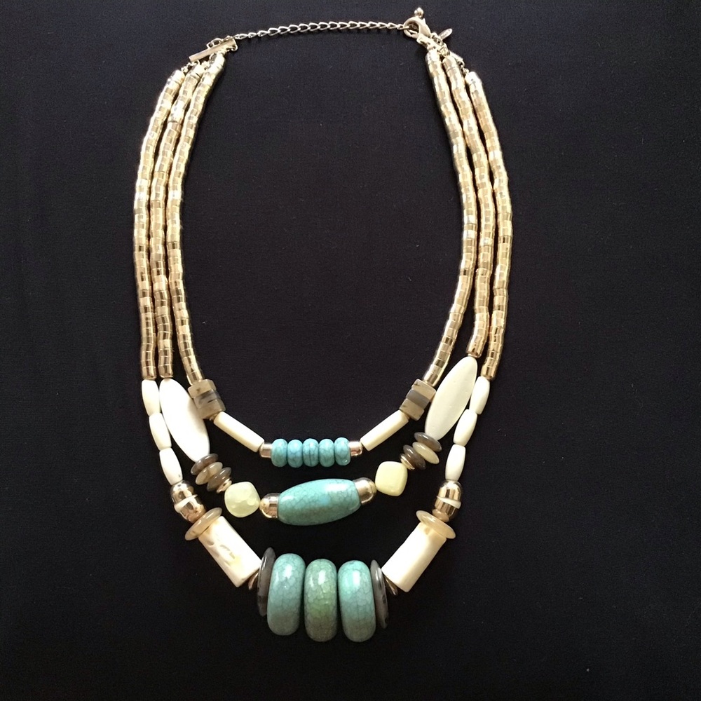 Long  turquoise/gold-tone multi strand necklace
